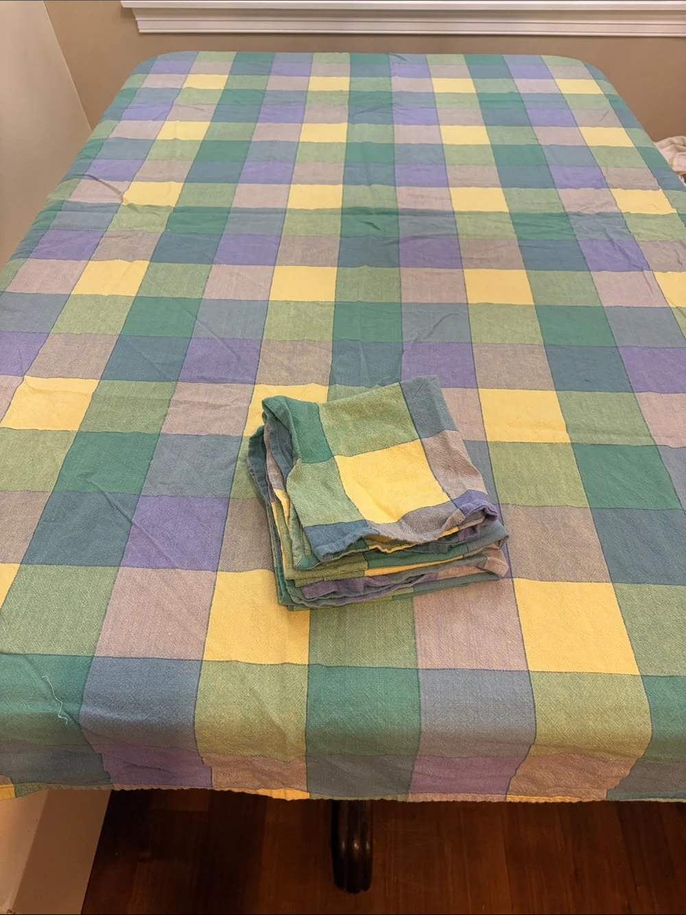 Cotton Plaid Tablecloth and Napkins Set in Pastel Yellow, Green & Blue